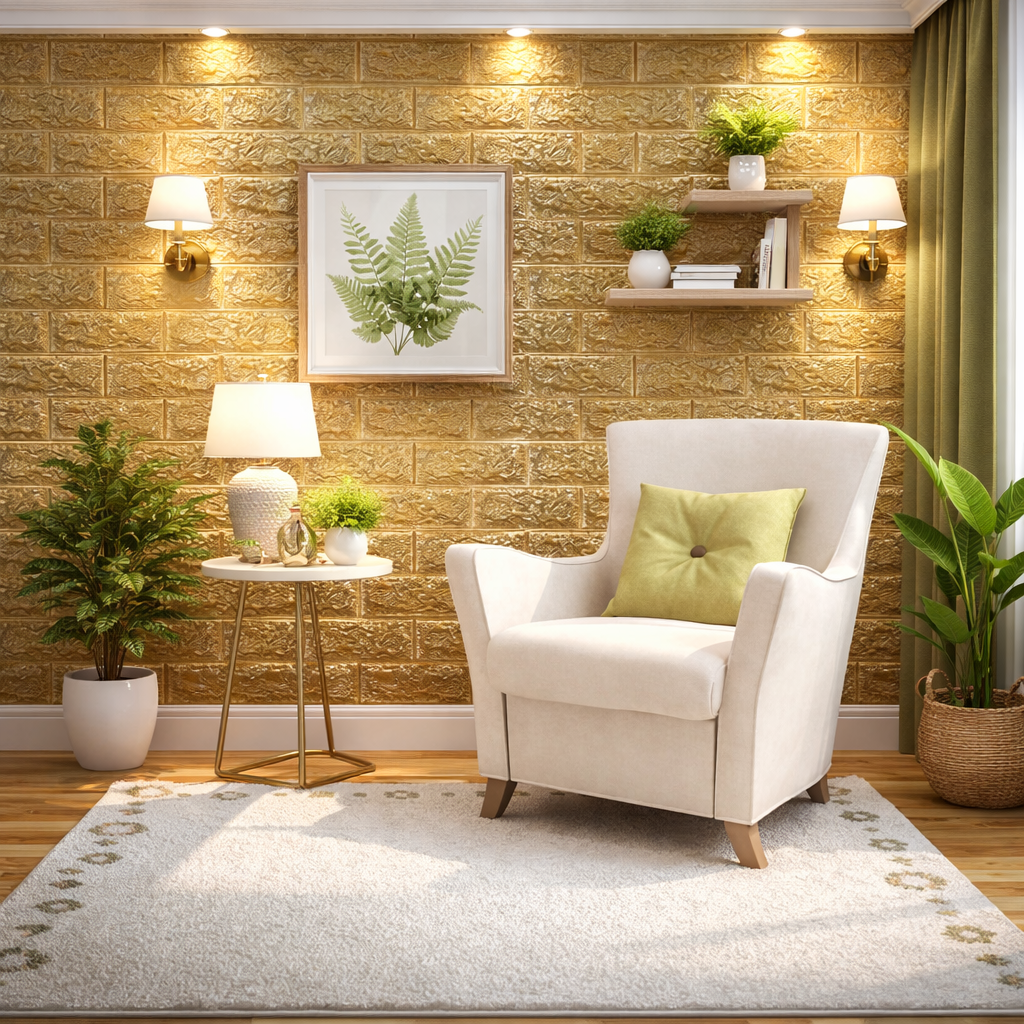 Tapet 3D caramida aurie in relief auto-adeziv pentru interior, 70 x 77 cm