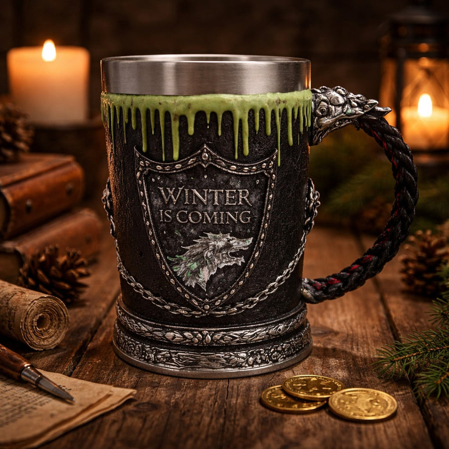 Halba de bere medievala 600 ml  Winter is Coming, maner dragon, efect gheata, interior inox