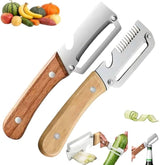 Set 2 curatatoare multifunctionale 2 in 1 pentru fructe si legume, cu deschizator de sticle integrat, lame din otel inoxidabil si maner din lemn - detaliu produs