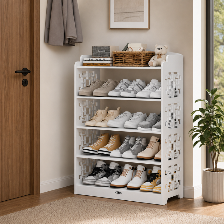 Raft pantofi din lemn, alb, cu 5 niveluri, design traforat, 90 x 24 x 62 cm - in context de utilizare