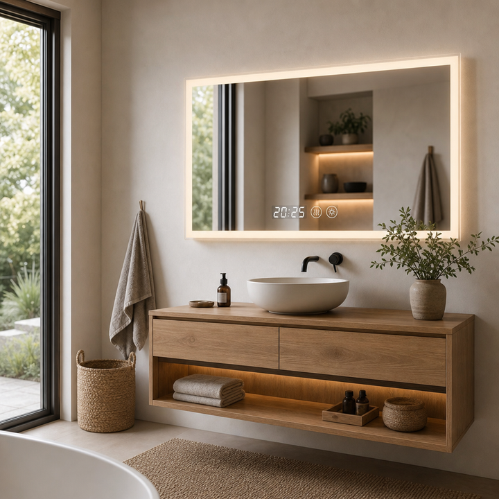oGLINDA Oglinda LED cu Dezaburire Ceas Termometru 80x60cm Design Modern - in context de utilizare