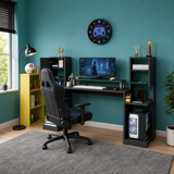 Birou gaming Throne antracit cu rafturi și dulapuri, 183 x 45 x 120 cm - in context de utilizare