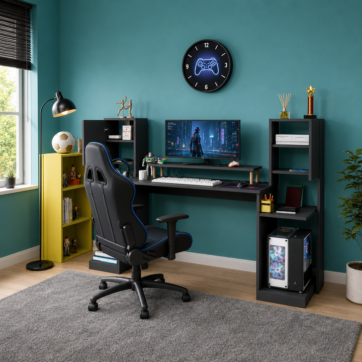 Birou gaming Throne antracit cu rafturi și dulapuri, 183 x 45 x 120 cm - in context de utilizare