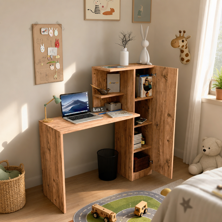Birou Lemn Masiv Nuc cu Sertar si Raft Stocare 120x60cm Design Ergonomic - in context de utilizare