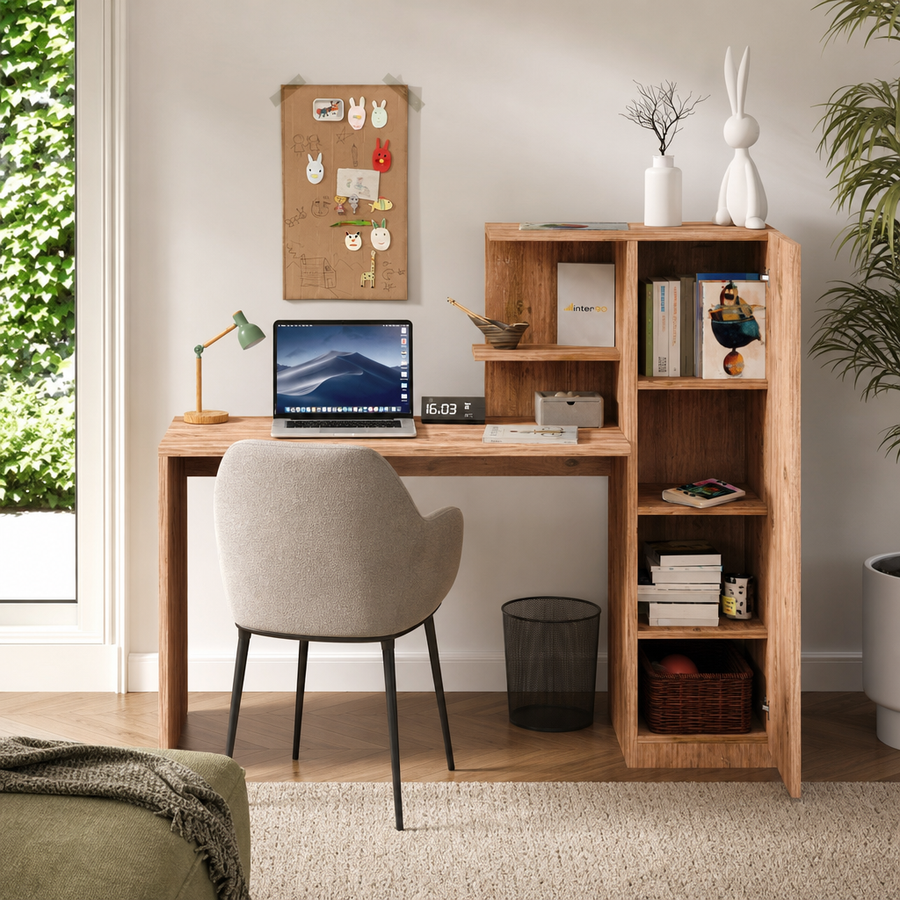 Birou Lemn Masiv Nuc cu Sertar si Raft Stocare 120x60cm Design Ergonomic - in context de utilizare