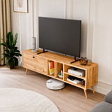 Comoda TV moderna cu rafturi, PAL E1 18 mm, 140 x 29,5 x 45 cm - in context de utilizare