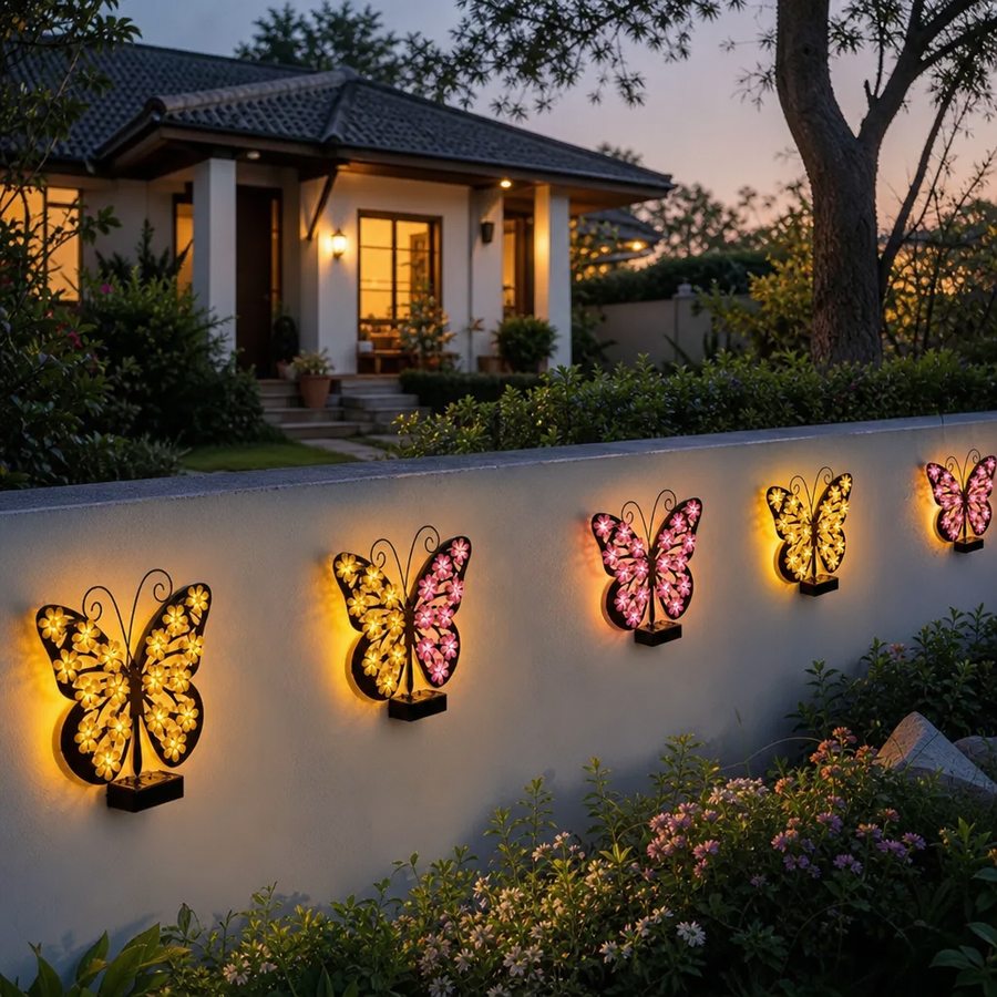Set 2 Fluturi Solari Decorativi cu Lumini LED Roz Galben pentru Perete Gard - in context de utilizare
