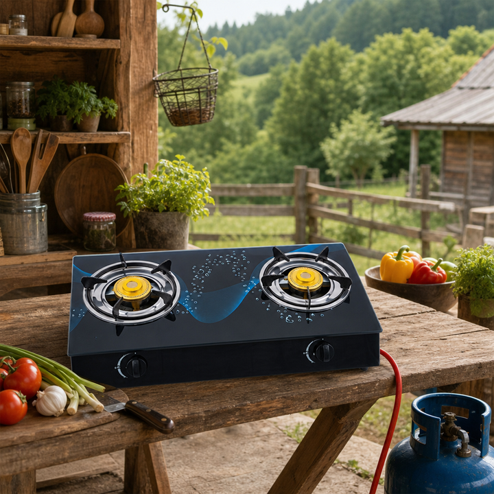Aragaz Plita Camping 2 Arzatoare Sticla Neagra Securizata Fonta Alama Aprindere Quartz GPL - in context de utilizare
