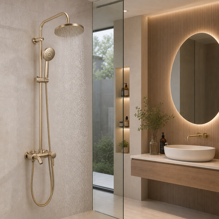 Coloana Dus Premium Gold Brush Efect Ploaie 3 Functii Baterie Monocomanda Perete - in context de utilizare