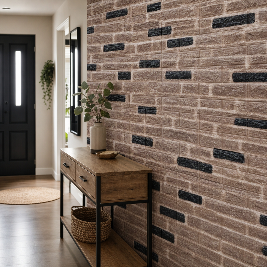 Tapet Caramida Maro cu Negru 3D Autoadeziv 70x77cm Decorativ - in context de utilizare