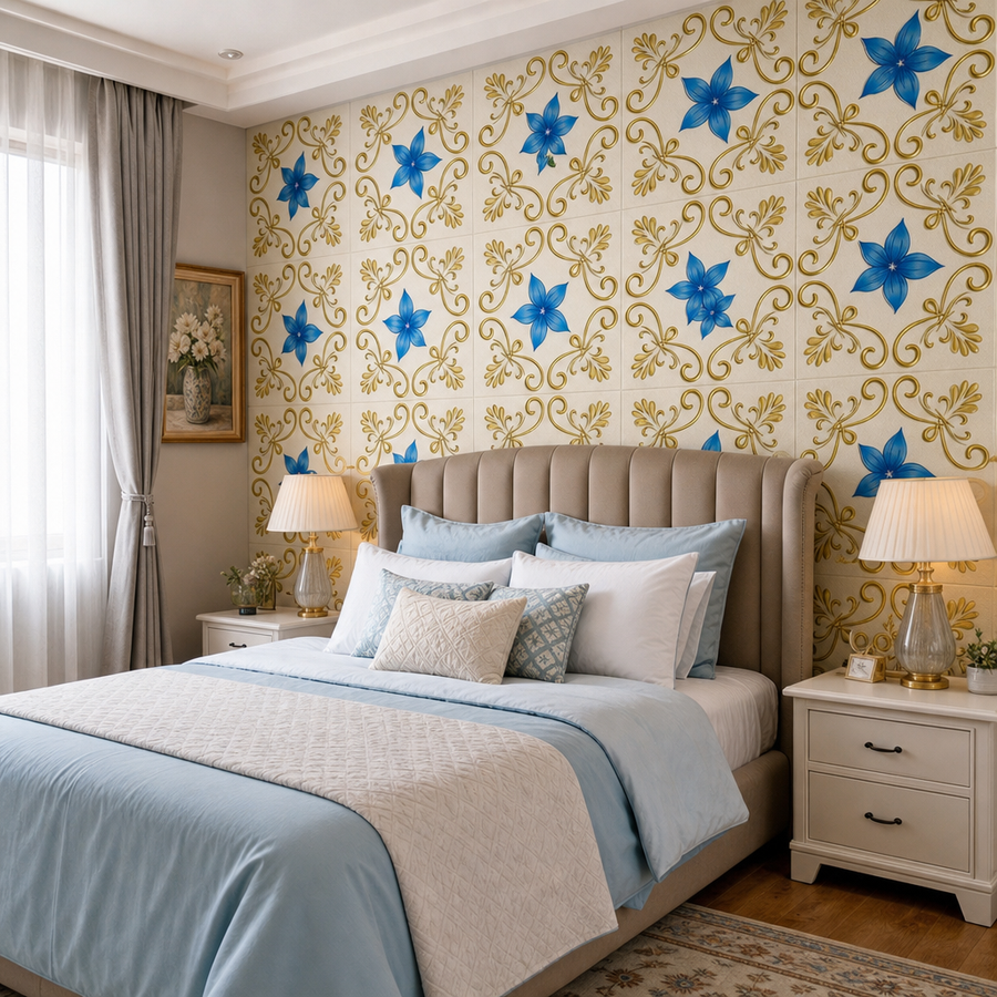 Tapet 3D Spuma Floral Albastru Auriu 70x70cm Decorativ Autoadeziv - in context de utilizare