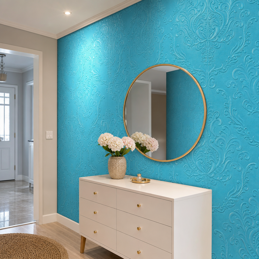 Tapet decorativ 3D turcoaz cu model floral – 70 × 70 cm - in context de utilizare