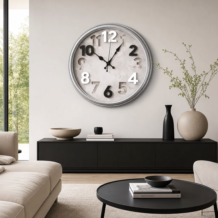 Ceas de Perete Modern Rotund Argintiu Cifre 3D 40cm Design Contemporan - in context de utilizare