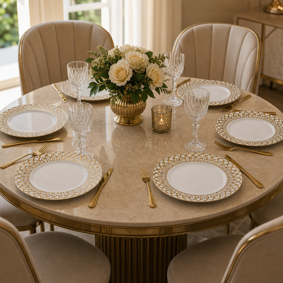 Set 6 Farfurii Ceramica Alba 27cm Diametru Decor Auriu Serviciu Masa Eleganta - in context de utilizare