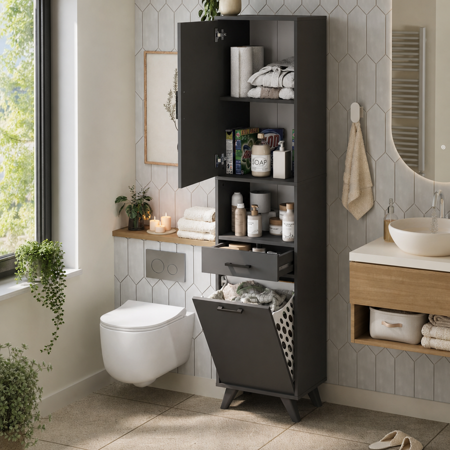 Dulap Baie Suspendat Alb 202cm Laundry Cabinet Waterfall Design Modern - in context de utilizare