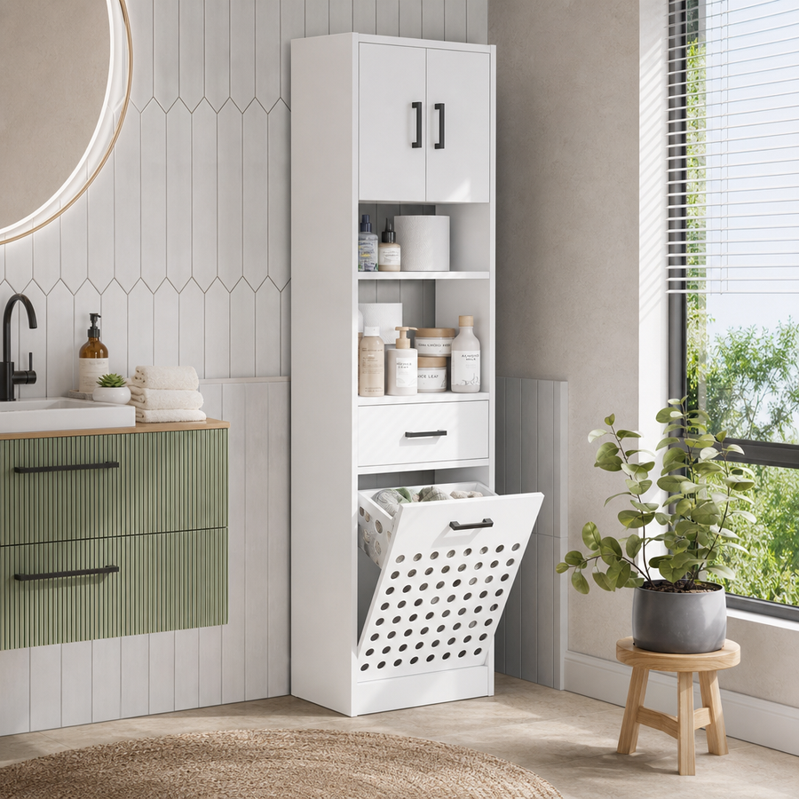 Dulap Baie Suspendat Alb 202cm Laundry Cabinet Waterfall Design Modern - in context de utilizare