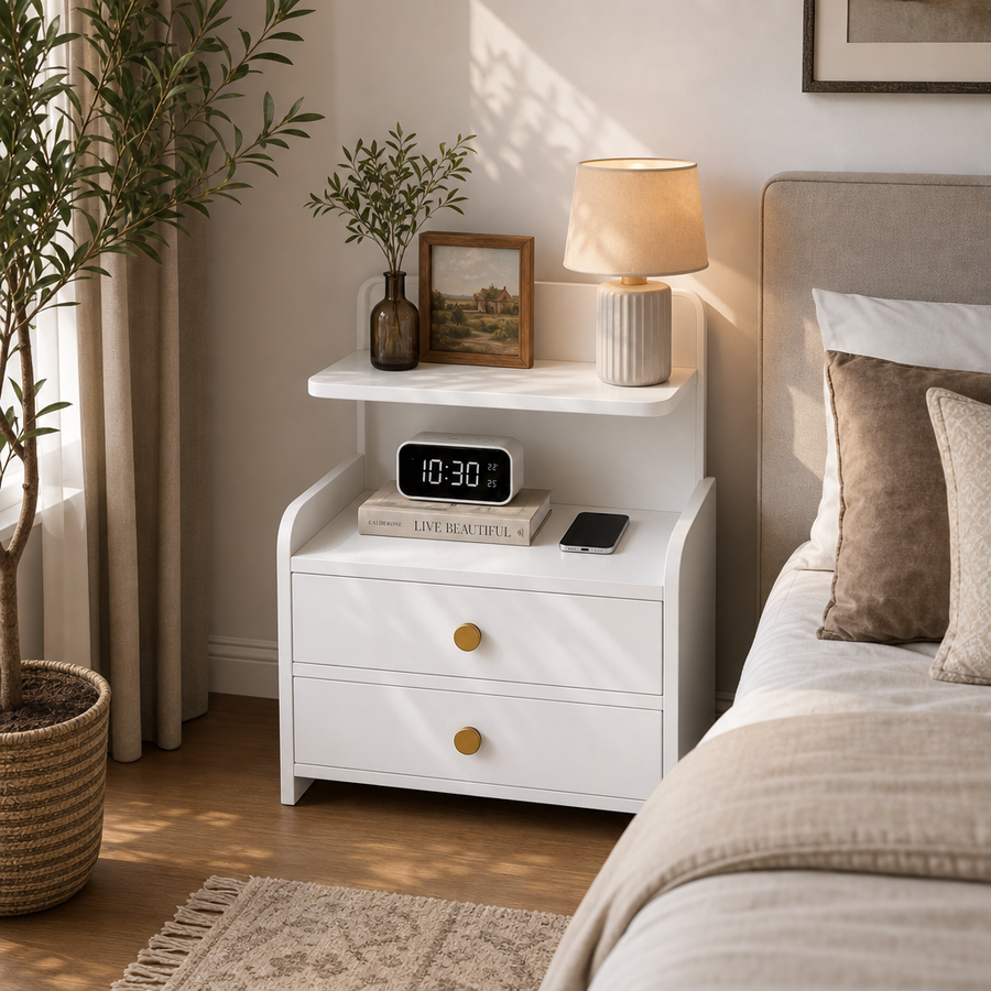 Noptiera moderna cu 2 sertare si 2 polite – design compact, 32 × 30 × 60 cm - in context de utilizare