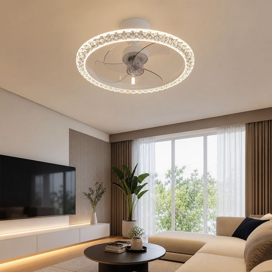 Lustra LED cu Ventilator Alba Rotunda Minimalist Design Modern - in context de utilizare