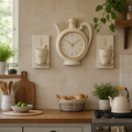 Ceas de Bucatarie in Forma de Ceainic si Cesti 3 Elemente OEM Shabby-Chic Plastic 56x23cm Crem-Bej Auriu