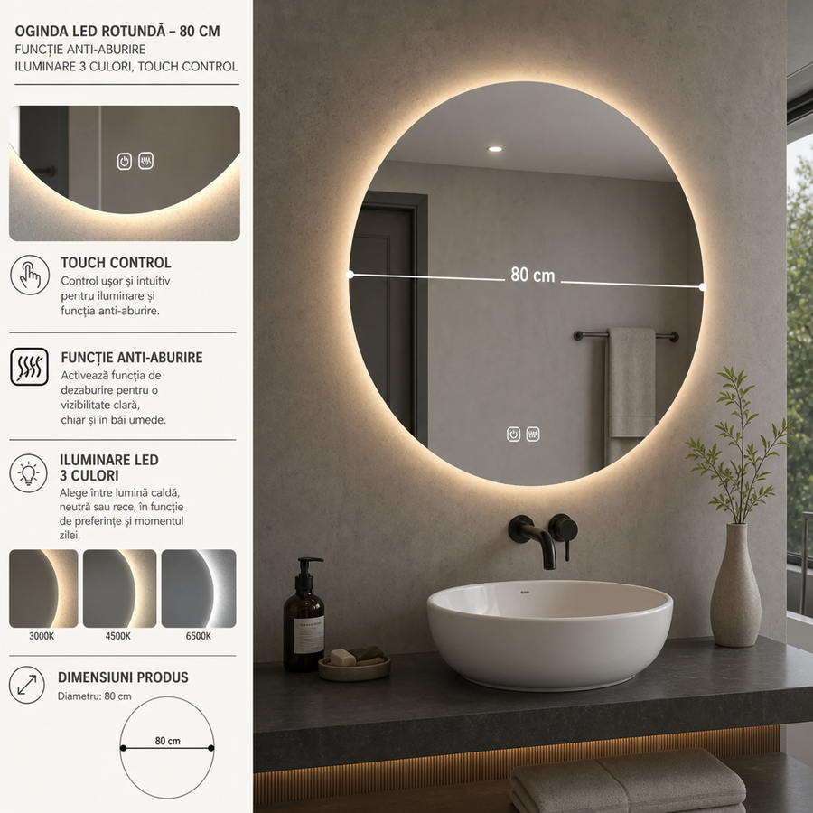 Oglinda de baie, dimensiune 80 cm cu Functie Anti-aburire, Iluminare LED 3 Culori, Touch Control