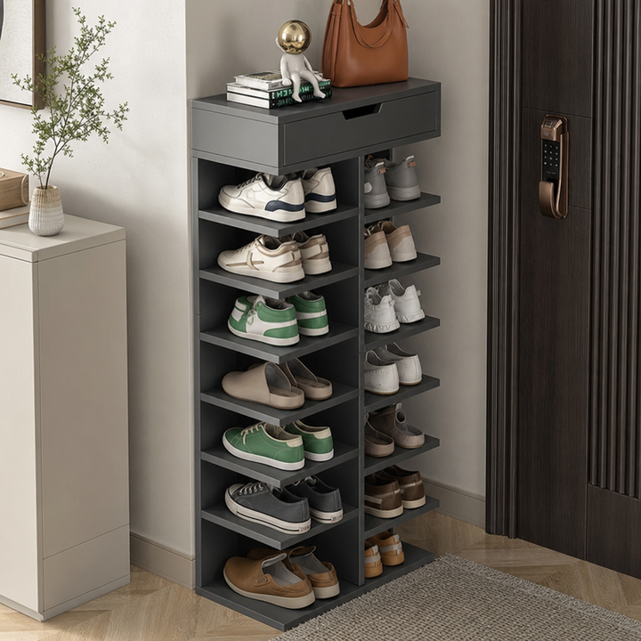 Pantofar cu 7 Etaje si Sertar Superior din PAL Gri/Stejar 40 x 22 x 111 cm