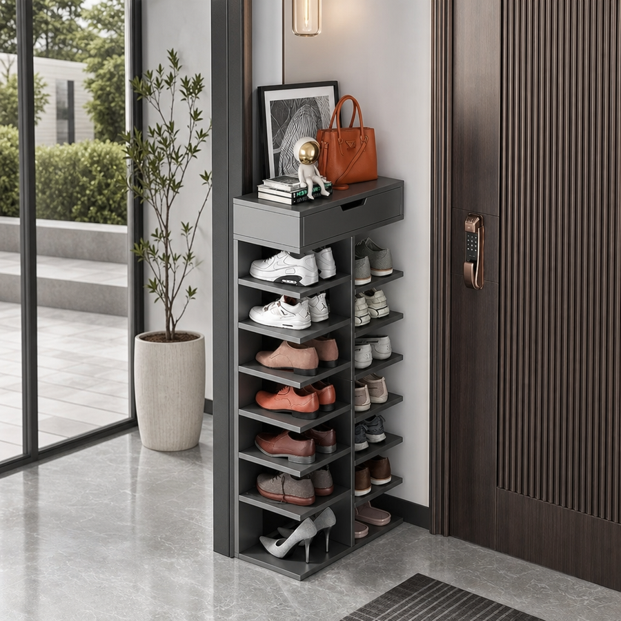 Pantofar cu 7 Etaje si Sertar Superior din PAL Gri/Stejar 40 x 22 x 111 cm
