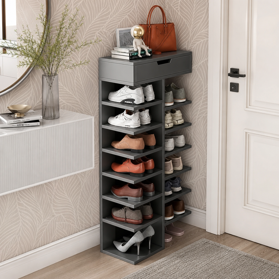 Pantofar cu 7 Etaje si Sertar Superior din PAL Gri/Stejar 40 x 22 x 111 cm
