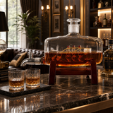 Decantor Premium pentru Whisky cu Corabie în Interior, Robinet Metalic și Suport din Lemn – Design Elegant pentru Bar, Birou sau Cadou - in context de utilizare