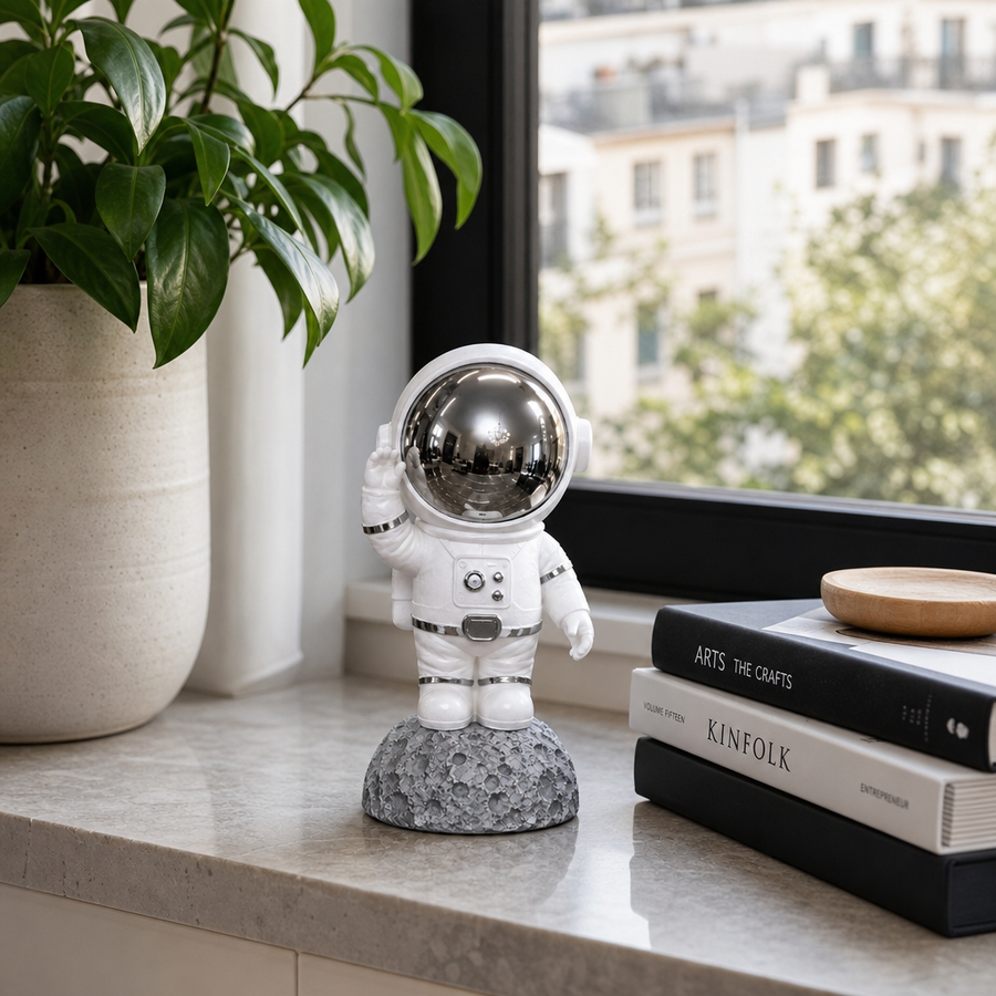 Figurina Astronaut din Rasina Ornament Decor Birou cu Baza tip Luna - in context de utilizare