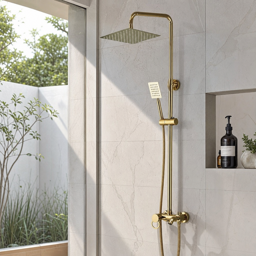 Coloana de Dus Inox Crom Reglabila cu Suport Perete si Cap Dus Rotund - in context de utilizare