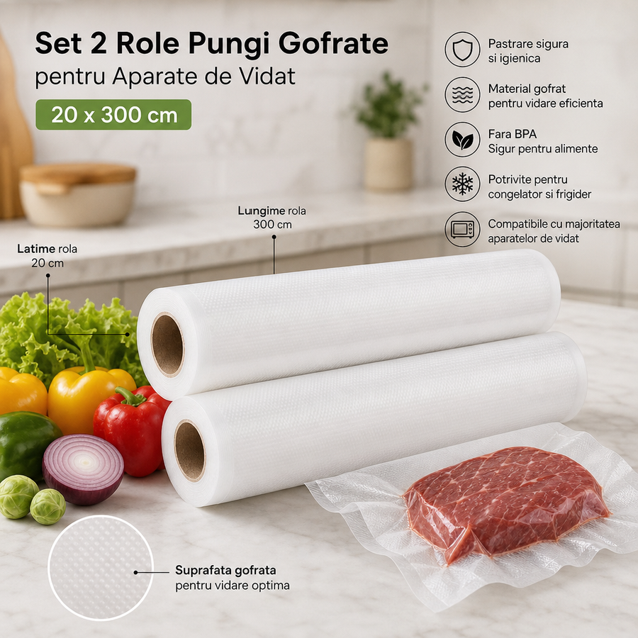 Set 2 Role Pungi Gofrate pentru Aparate de Vidat 20 x 300 cm - specificatii tehnice