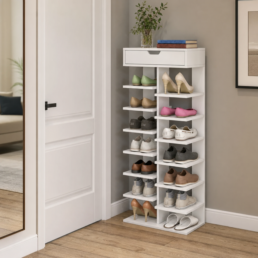 Pantofar cu 7 Etaje si Sertar Superior din PAL Gri/Stejar 40 x 22 x 111 cm