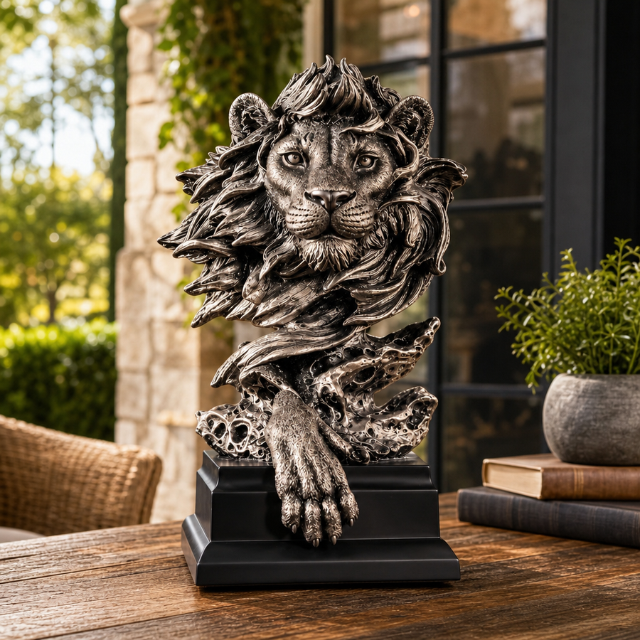 Statueta Decorativa Premium Leu din Rasina pe Soclu Finisaj Metalic Antichizat 30.5cm - in context de utilizare