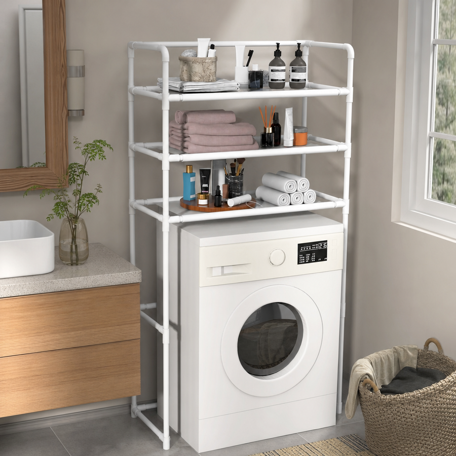 Suport Organizator Masina de Spalat 3 Polite Cadru Metalic Alb 72x25x155 cm - in context de utilizare