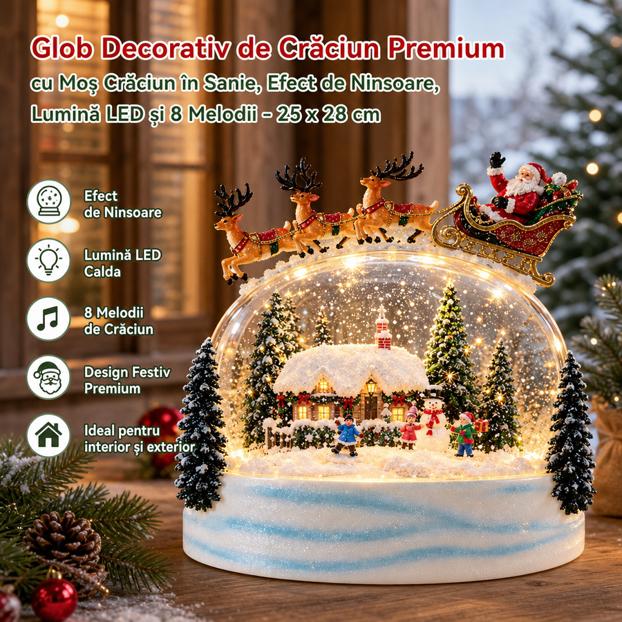 Glob Decorativ de Crăciun Premium cu Moș Crăciun în Sanie, Efect de Ninsoare, Lumină LED și 8 Melodii –25 x 28 cm - in context de utilizare