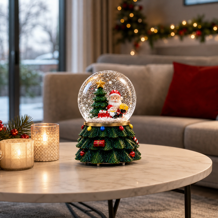 Glob de Zăpadă Premium de Crăciun cu Moș Crăciun, Bază tip Brad Decorat, Muzică, Lumină LED și Efect de Ninsoare – 15 × 10 cm - in context de utilizare