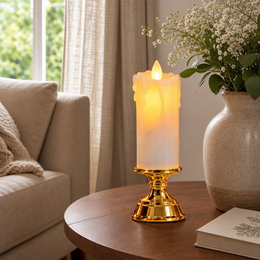 Lumânare LED Premium cu Flacără Realistă, Efect de Ceară Topită și Suport Auriu Elegant – 18 × 5 cm - in context de utilizare