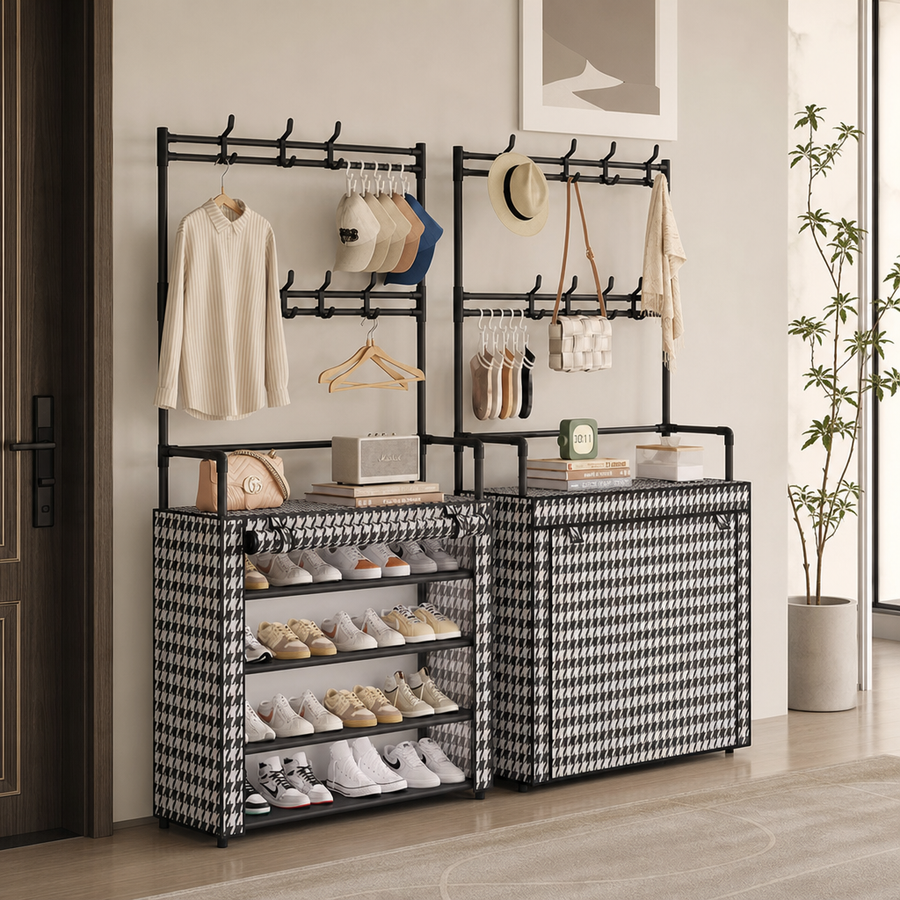 Suport multifunctional pentru incaltaminte cu cuier, negru, 171x80x30 cm, cu husa anti-praf - in context de utilizare
