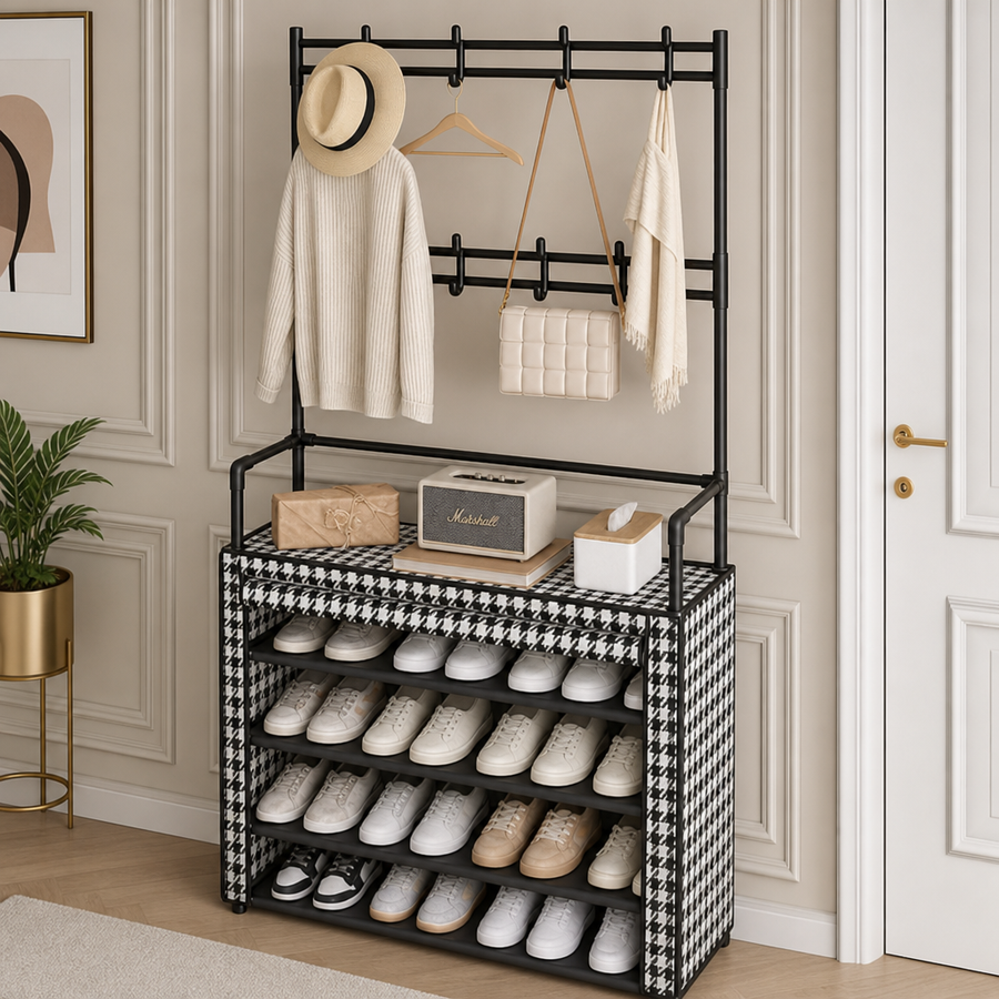 Suport multifunctional pentru incaltaminte cu cuier, negru, 171x80x30 cm, cu husa anti-praf - in context de utilizare