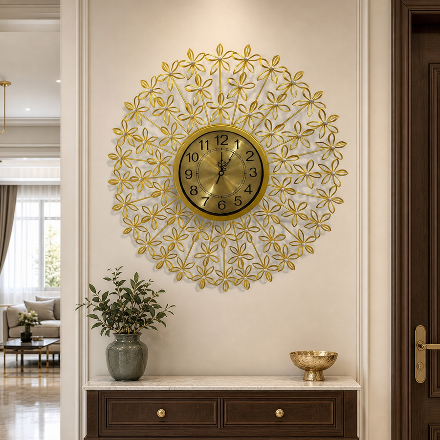 Ceas de Perete Decorativ Premium Floral, Auriu, cu Elemente 3D și Cristale, Ramă Metalică și Geam din Sticlă – Ø 65 cm - in context de utilizare