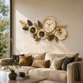 Ceas de Perete Metalic, Design Floral 3D cu Frunze Aurii și Negre, 100 × 40 cm