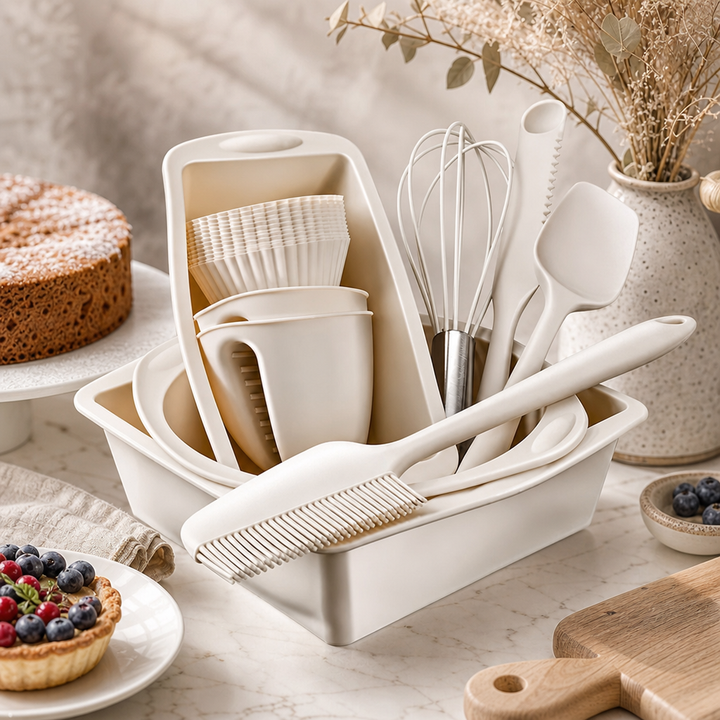 Set de Copt din Silicon Alimentar Non-Stick, 22 Piese, Tăvi și Ustensile, Tel din Inox, Rezistent -40°C până la 230°C - in context de utilizare