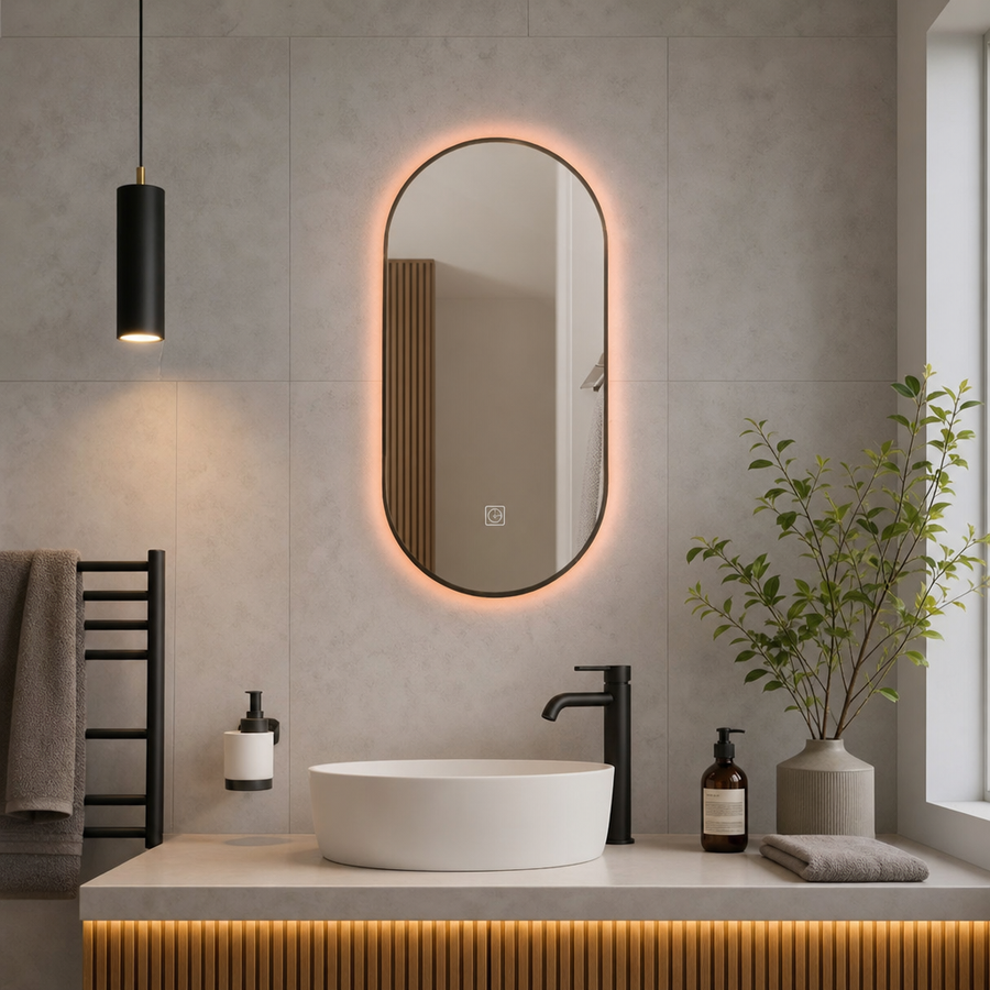Oglindă LED cu iluminare, funcție touch, dezaburire și lumină reglabilă – 35 x 70 x 3,2 cm - in context de utilizare