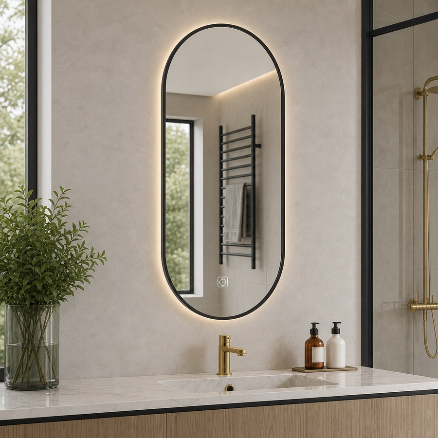 Oglindă LED cu iluminare, funcție touch, dezaburire și lumină reglabilă – 35 x 70 x 3,2 cm - in context de utilizare