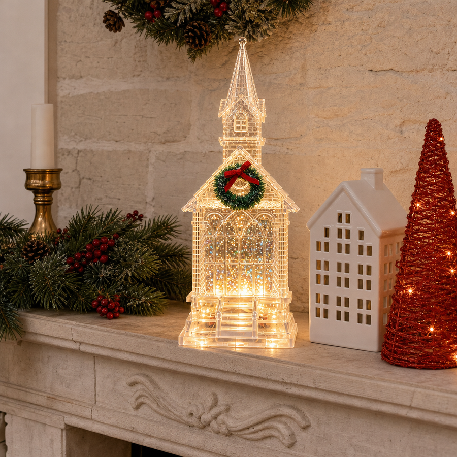 Decorațiune Biserică Transparentă cu LED și Sclipici Mișcător – 30 cm - in context de utilizare