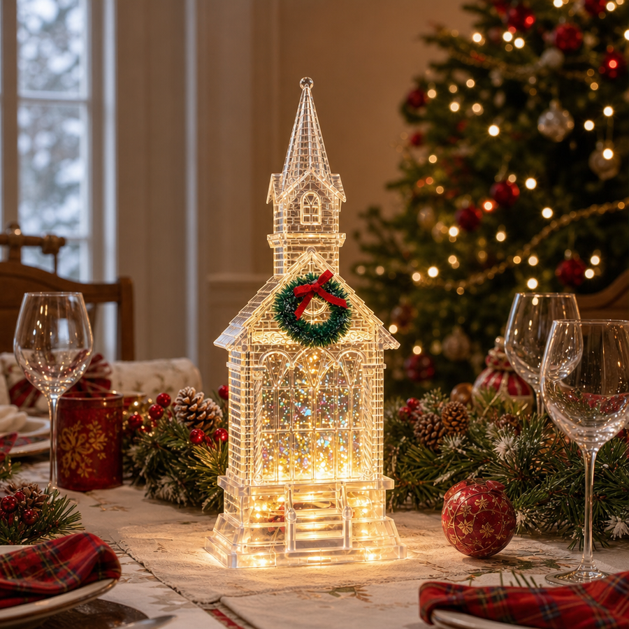Decorațiune Biserică Transparentă cu LED, Sclipici Mișcător și Timer – 30 cm - in context de utilizare