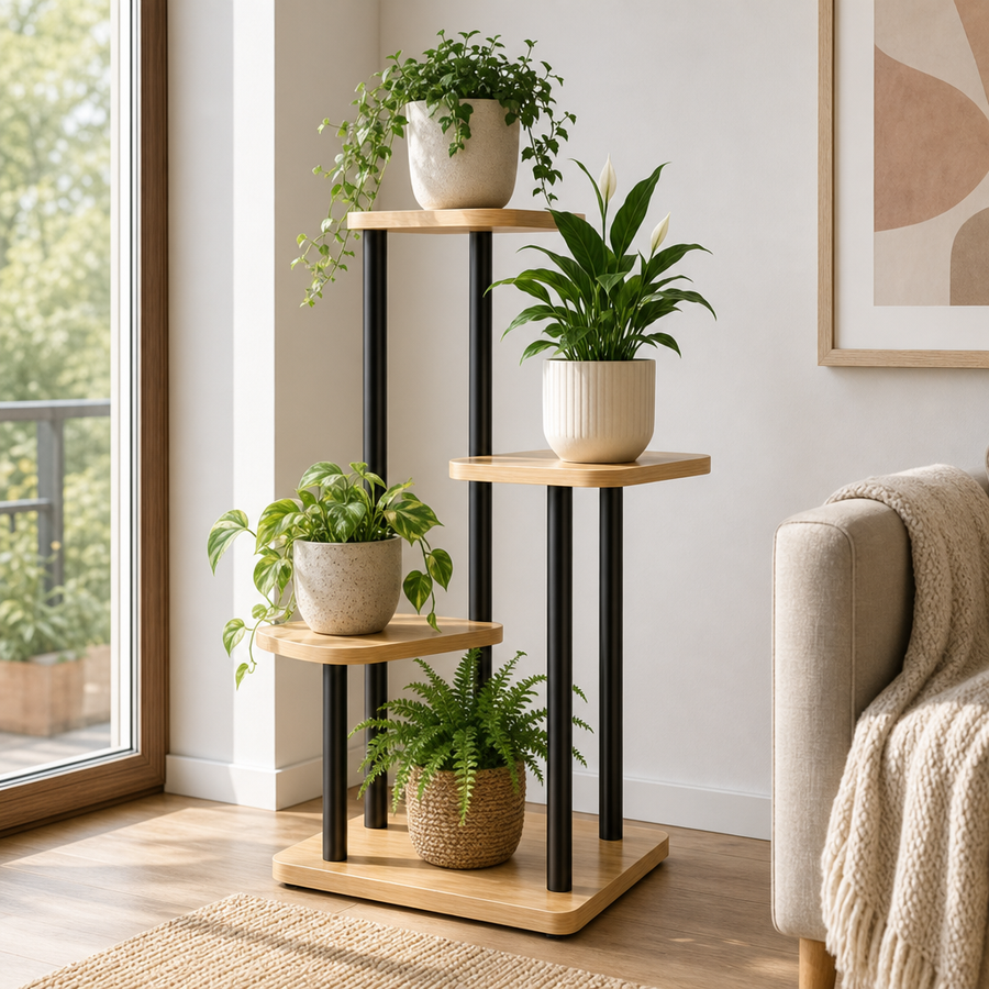 Suport ghivece pentru flori cu 4 niveluri, nuc deschis si negru, 80 cm - in context de utilizare
