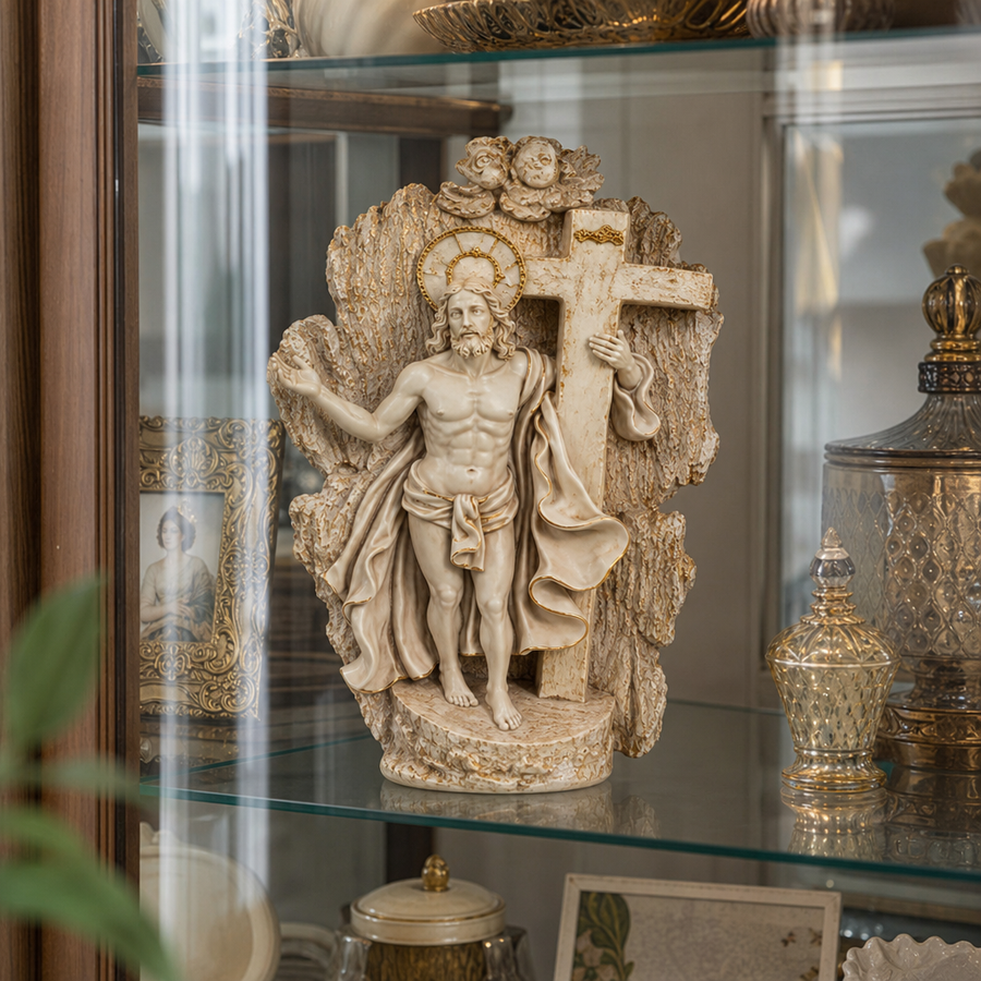 Statuetă Decorativă Iisus Hristos cu Crucea, Rășină Finisată – 26,5 × 14 cm - in context de utilizare