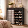 Pantofar Textil Premium cu 2 Sertare și 5 Rafturi, 95 × 30 × 123 cm, Structură Metalică, Rafturi Ajustabile și Perdea Antipraf, Negru