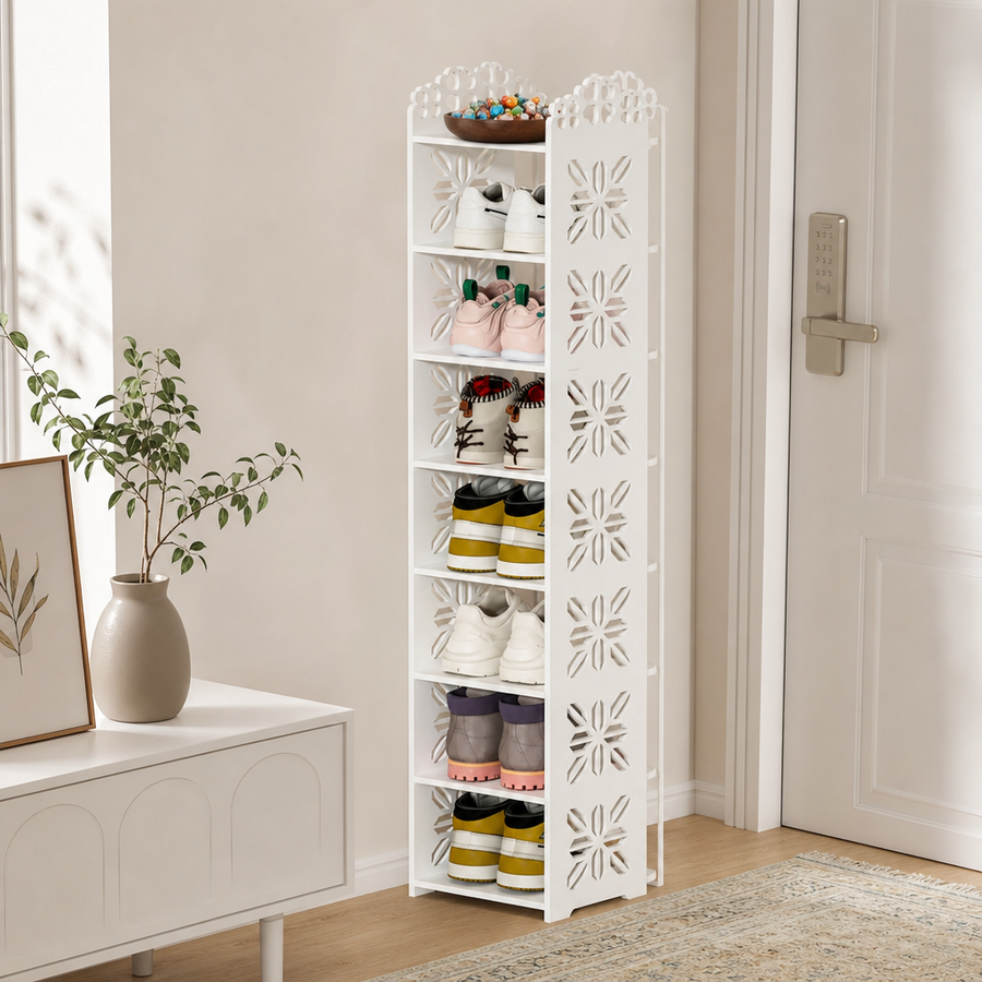 Cuier Multifuncțional cu Raft pentru Pantofi pe 5 Niveluri și 8 Cârlige Duble – Suport Haine și Încălțăminte pentru Hol, 80 x 30 x 172 cm - in context de utilizare